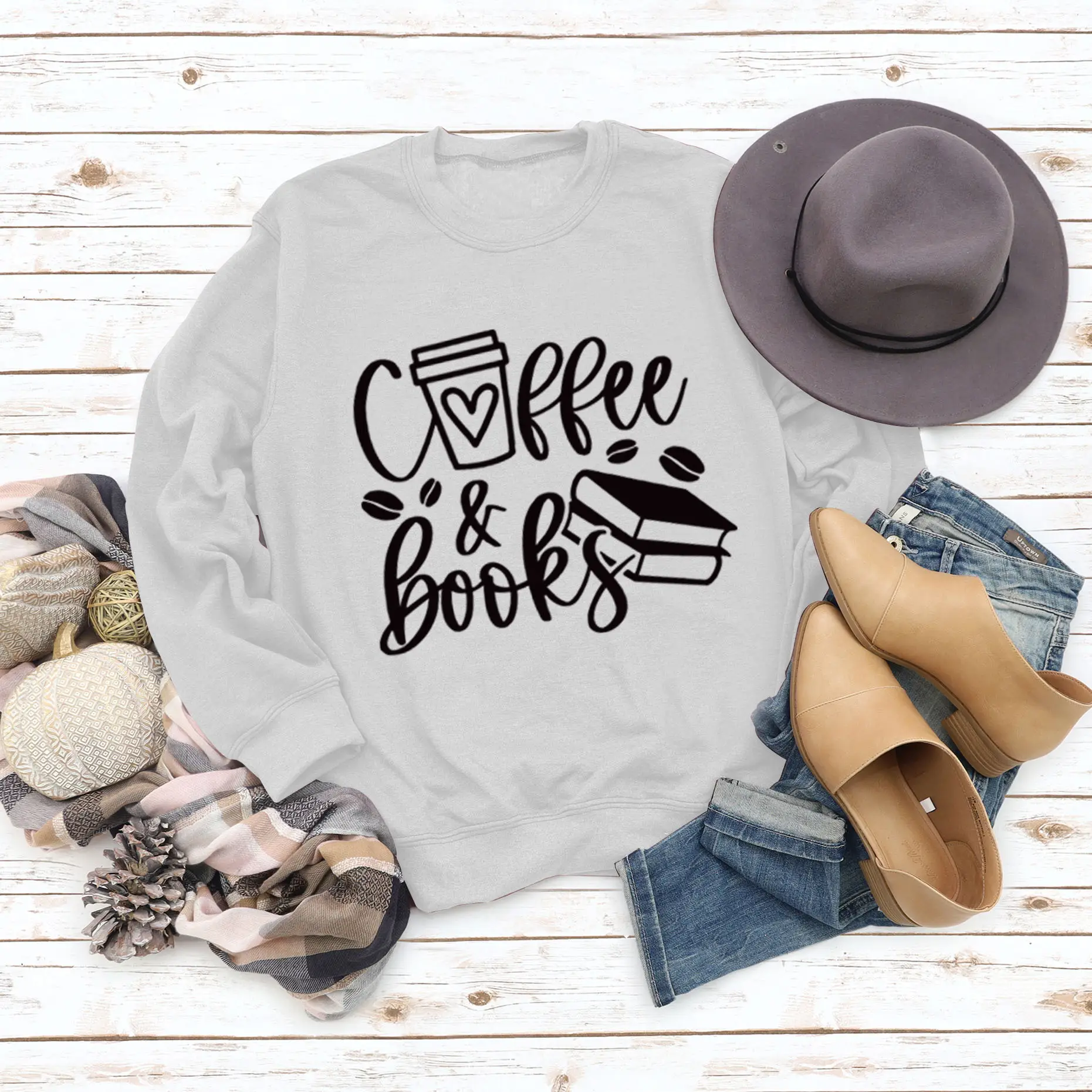 Women Coffee & Books Sweatshirt Grey Large - Image 2