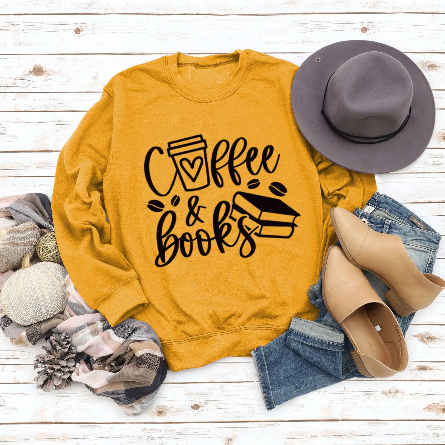 Women Coffee & Books Sweatshirt Grey Large - Image 4