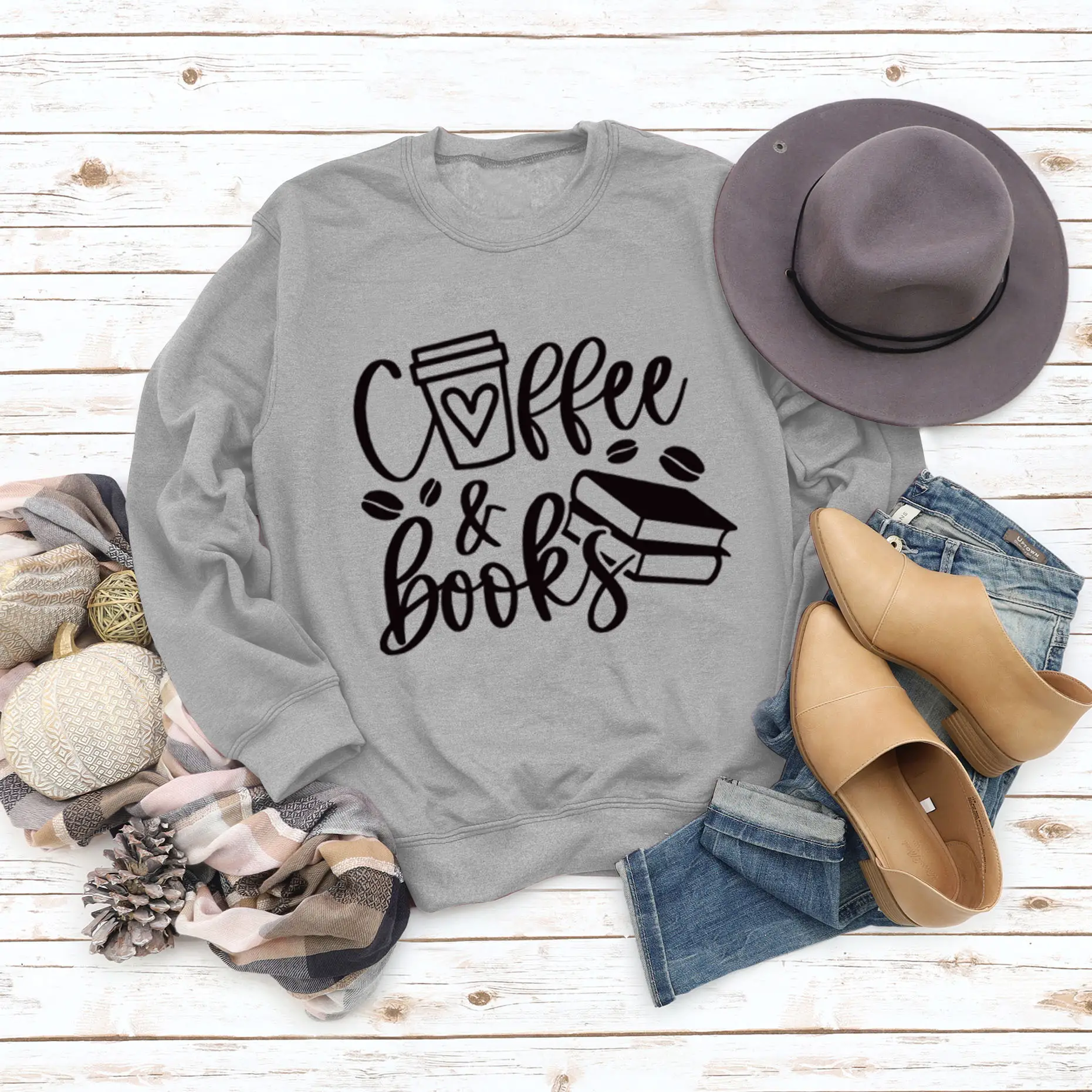 Women Coffee & Books Sweatshirt Grey Large - Image 5