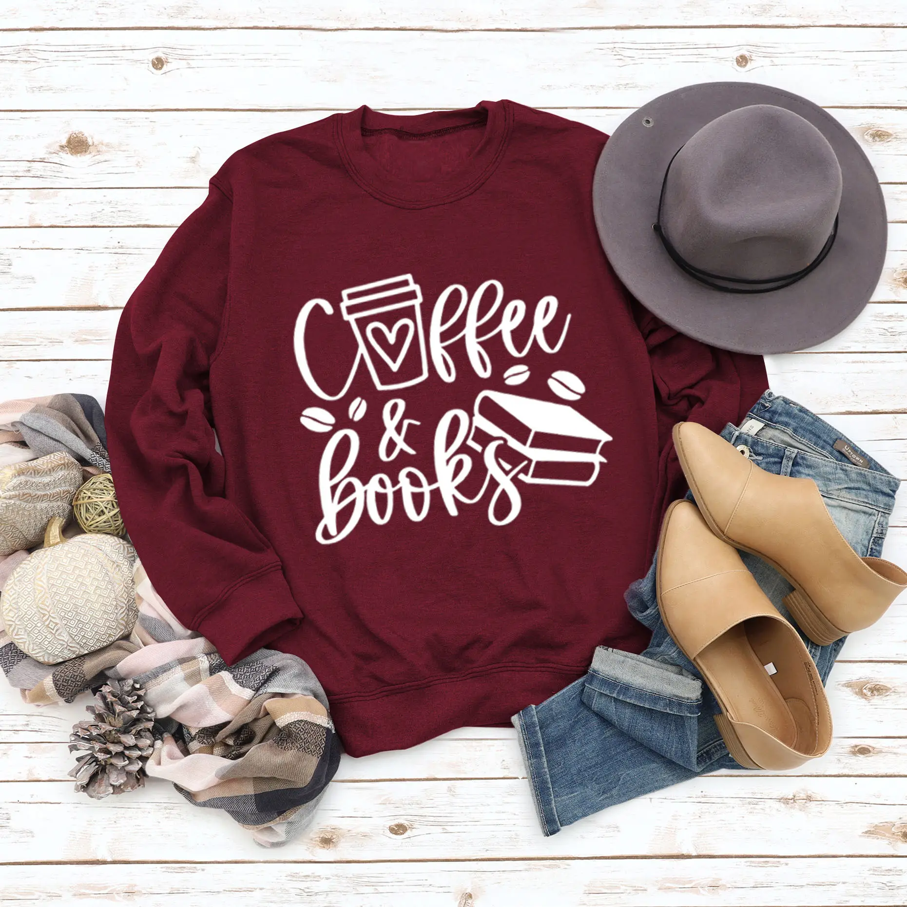 Women Coffee & Books Sweatshirt Grey Large - Image 6