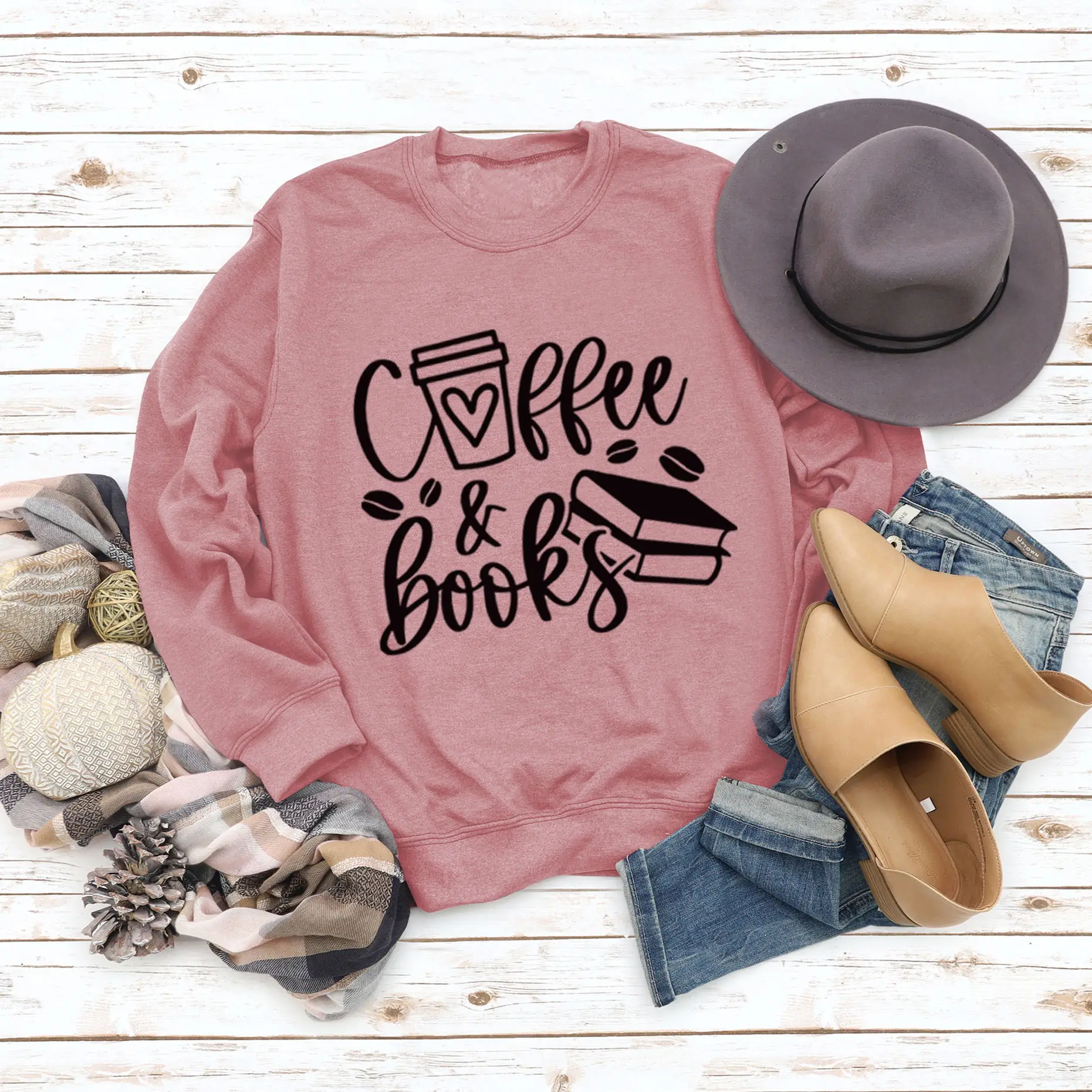 Women Coffee & Books Sweatshirt Grey Large - Image 8