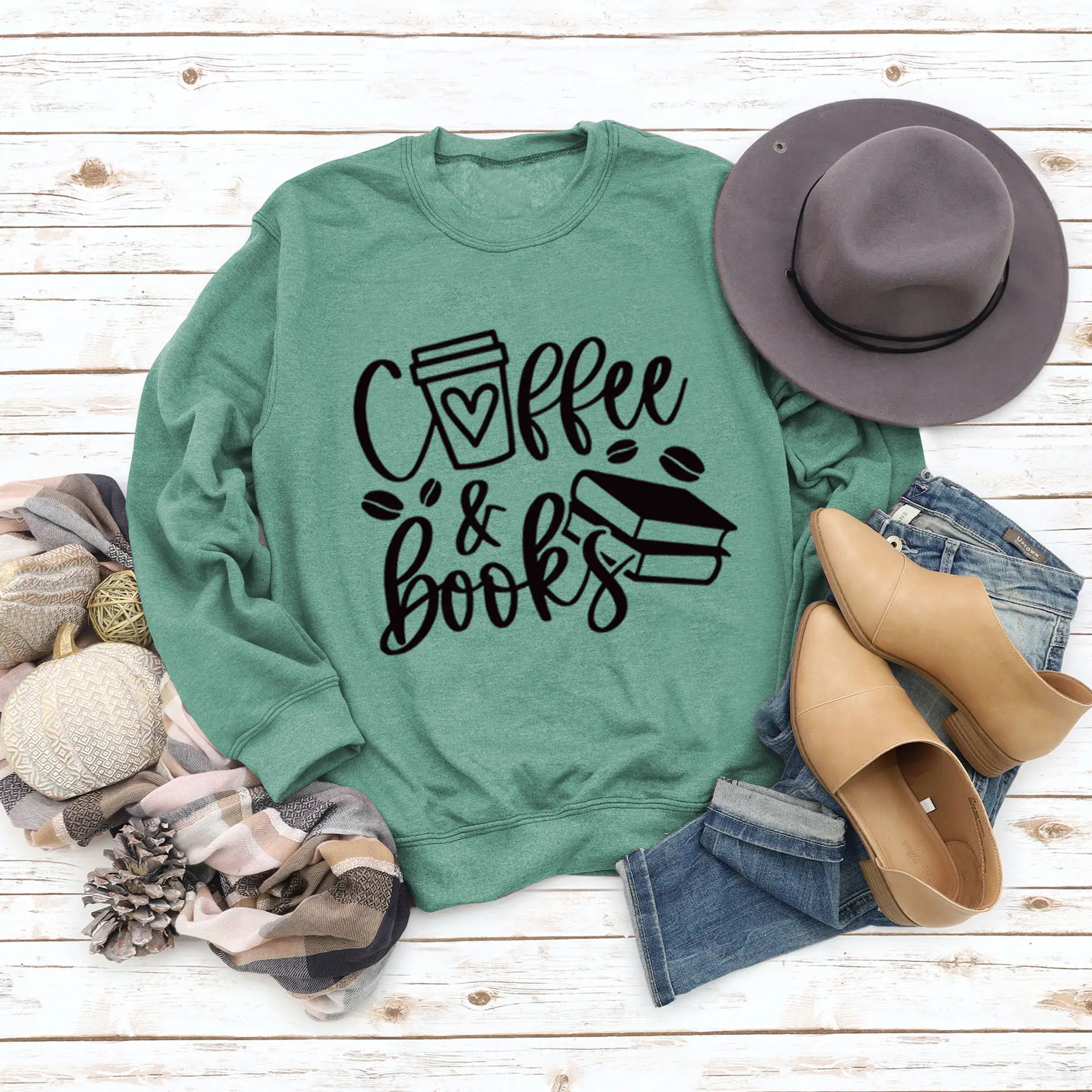 Women Coffee & Books Sweatshirt Grey Large - Image 9