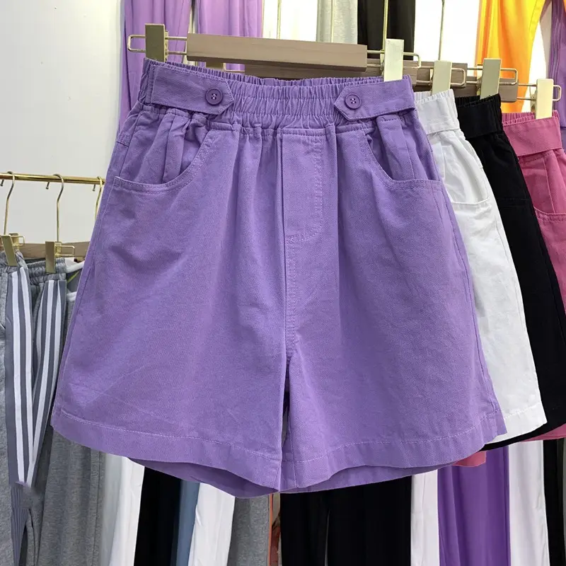 Women Cotton Shorts Purple High Waist 2025