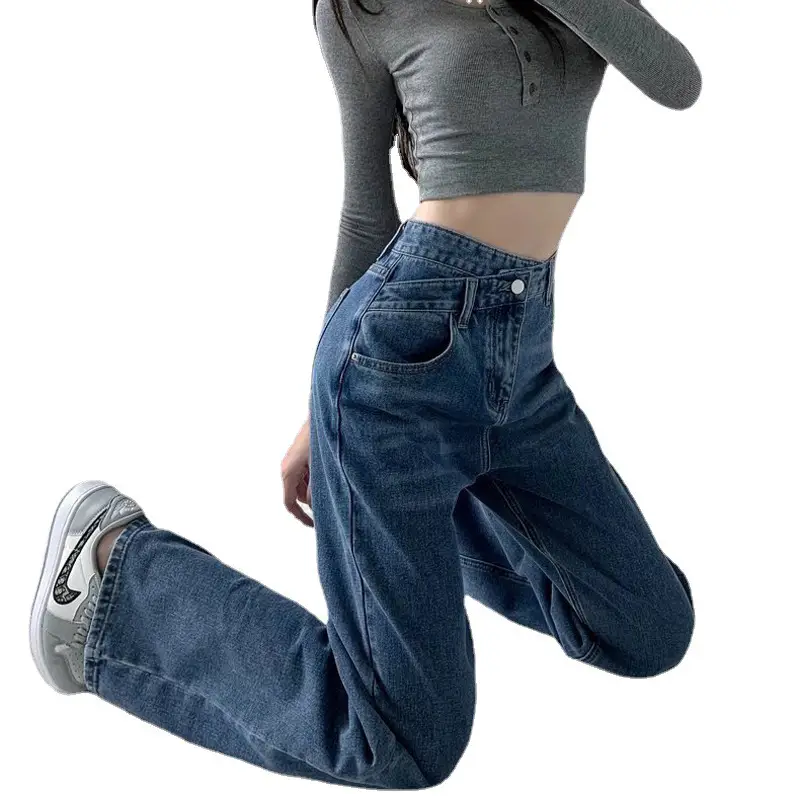 Irregular High Waist Wide Leg Jeans Women Blue - Image 23