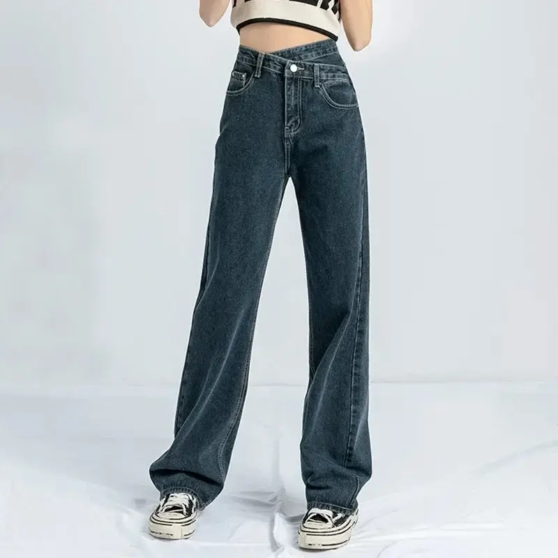 Irregular High Waist Wide Leg Jeans Women Blue - Image 16