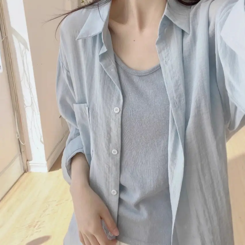2025 Korean Style Loose Pleated Green Shirt Women Sun Protective - Image 8