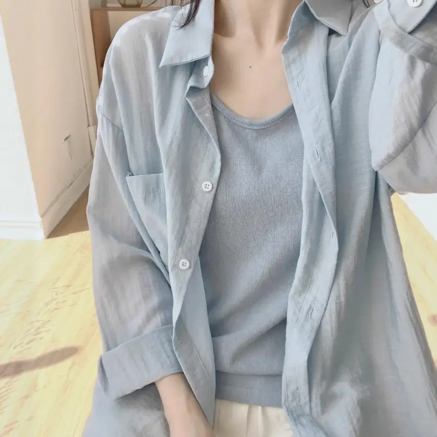 2025 Korean Style Loose Pleated Green Shirt Women Sun Protective - Image 9