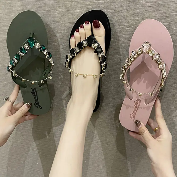 2024 Rhinestone Chain Flip Flops for Women Green