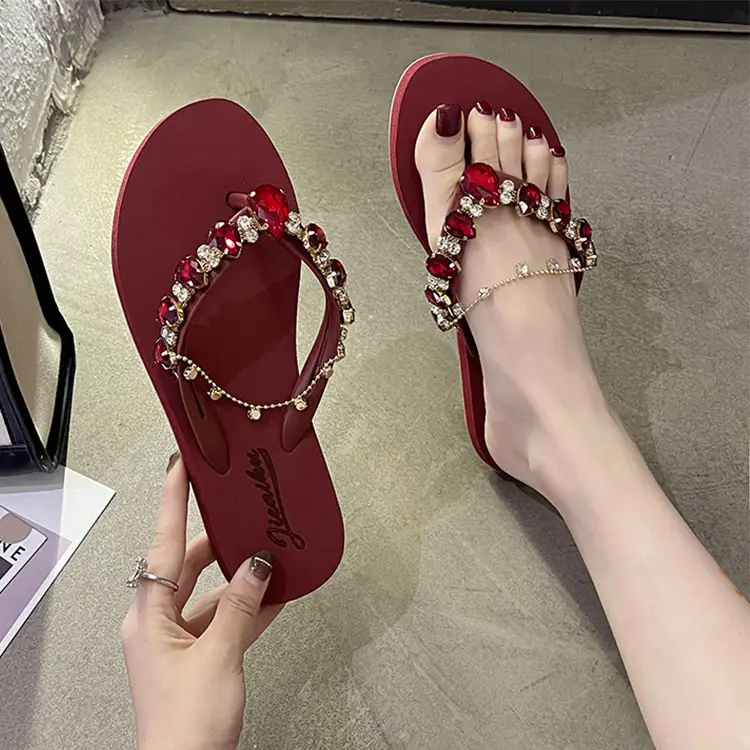 2024 Rhinestone Chain Flip Flops for Women Green