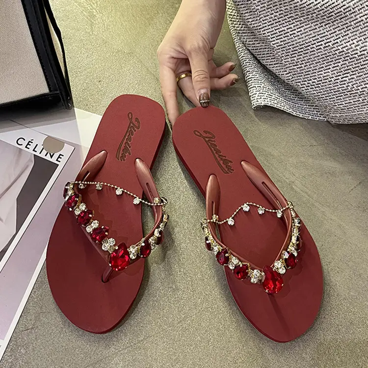 2024 Rhinestone Chain Flip Flops for Women Green