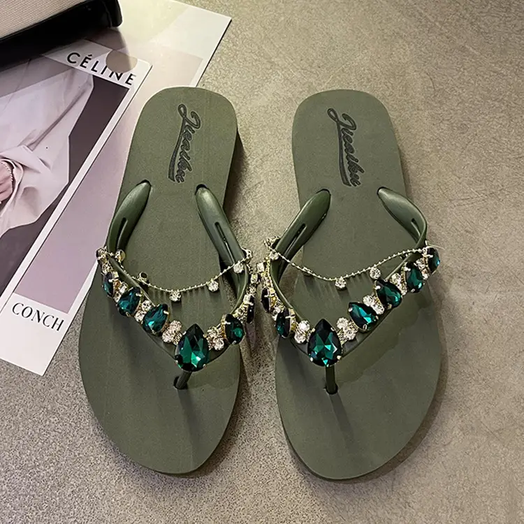 2024 Rhinestone Chain Flip Flops for Women Green