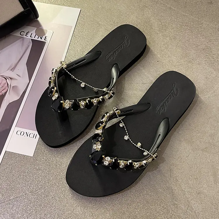2024 Rhinestone Chain Flip Flops for Women Green