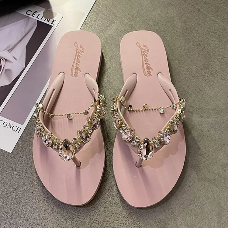 2024 Rhinestone Chain Flip Flops for Women Green