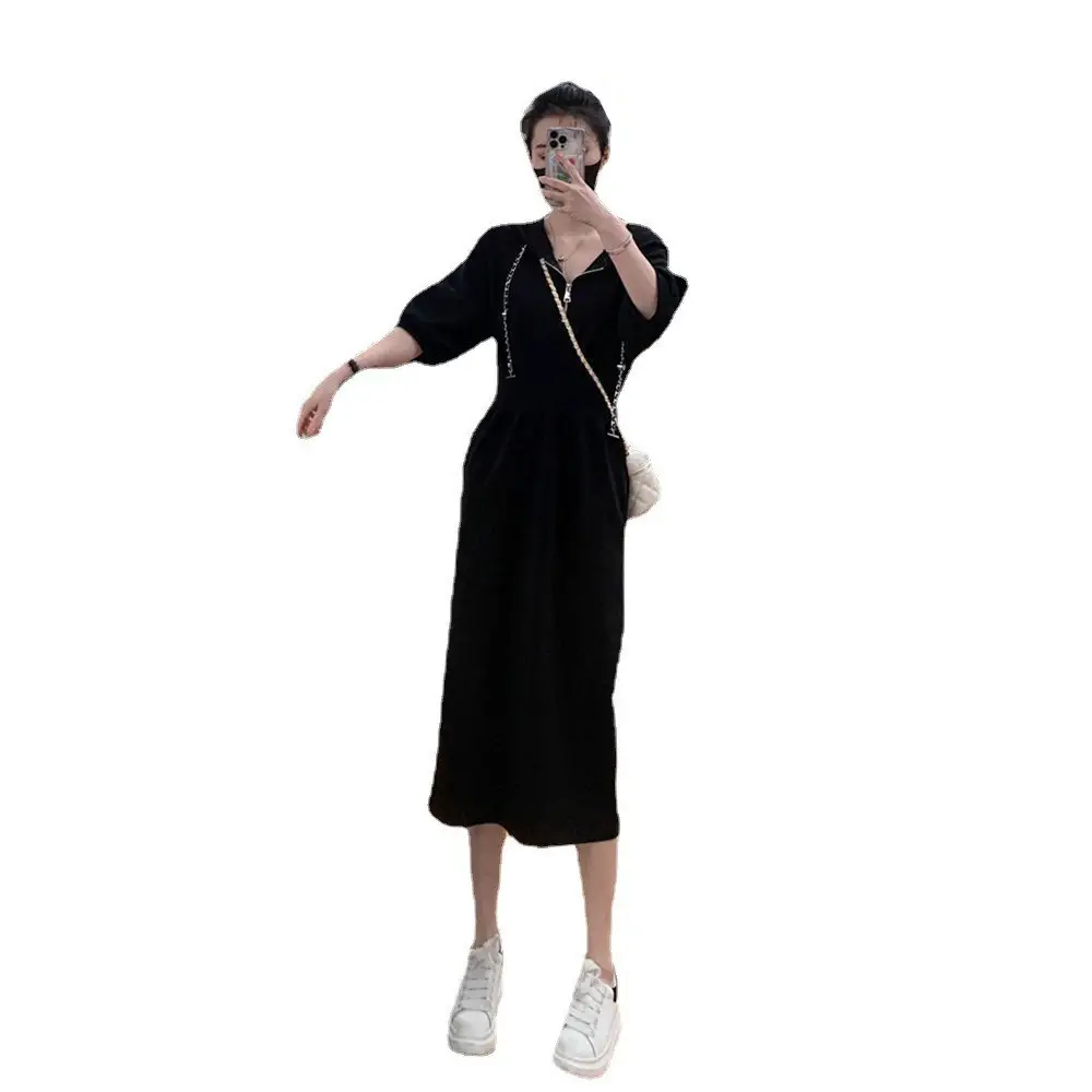 Black Hooded Knee Length Dress for Women 2023