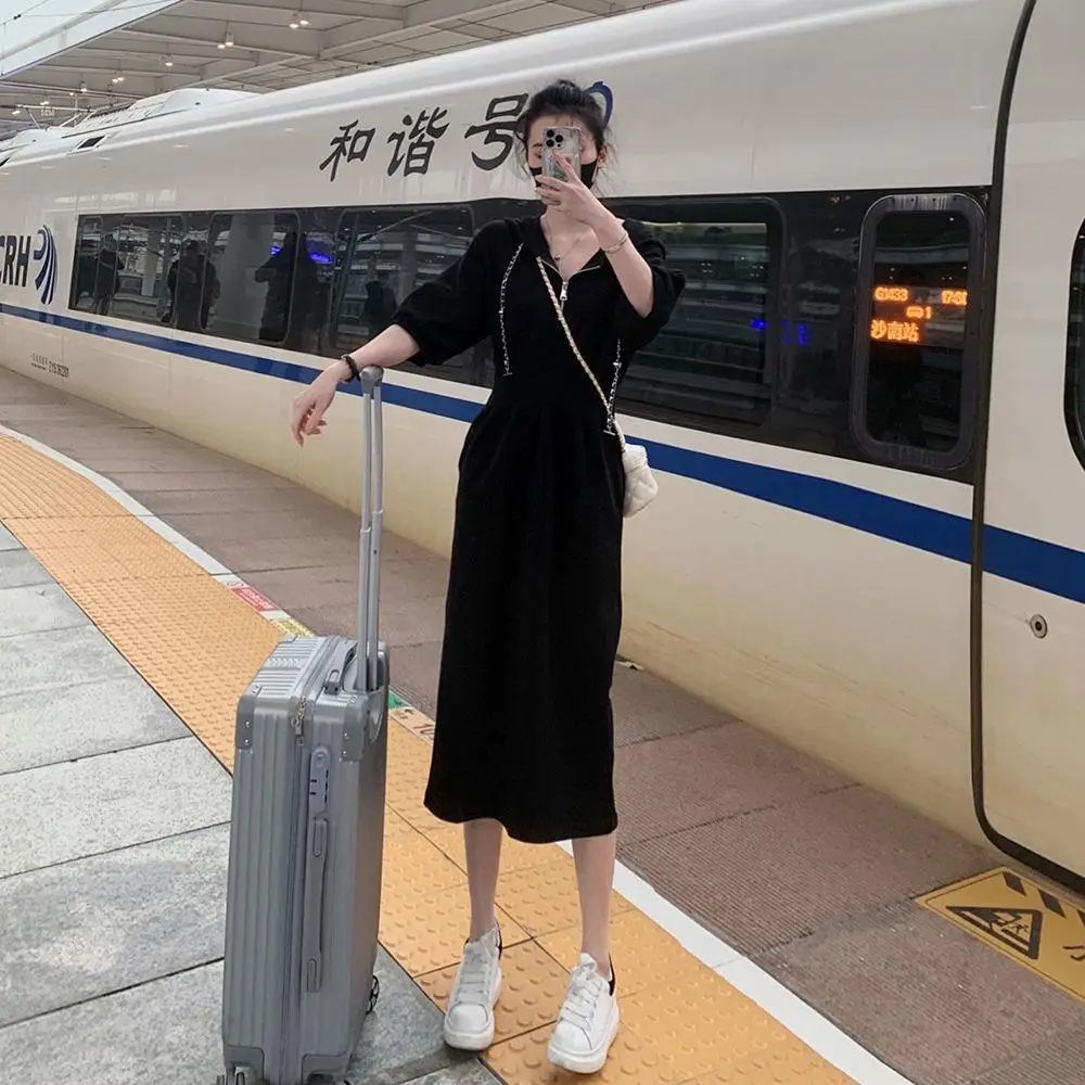 Black Hooded Knee Length Dress for Women 2023 — feature 9