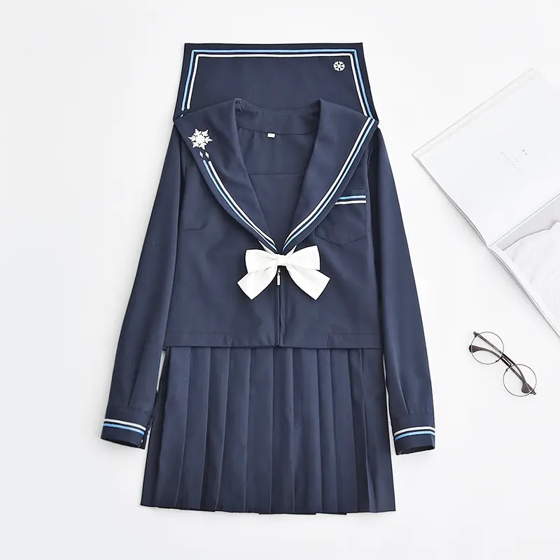 Women's Navy White School Uniform with Snowflake Embroidery - Image 8