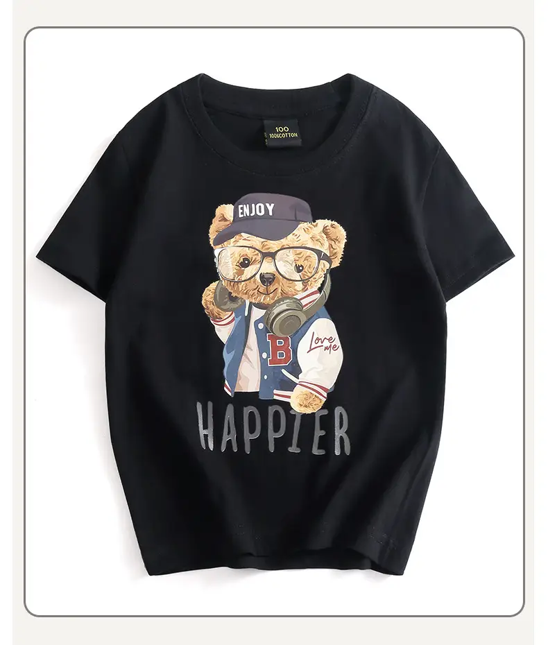 Kids Happy Bear T-Shirt Black Round Neck Short Sleeve