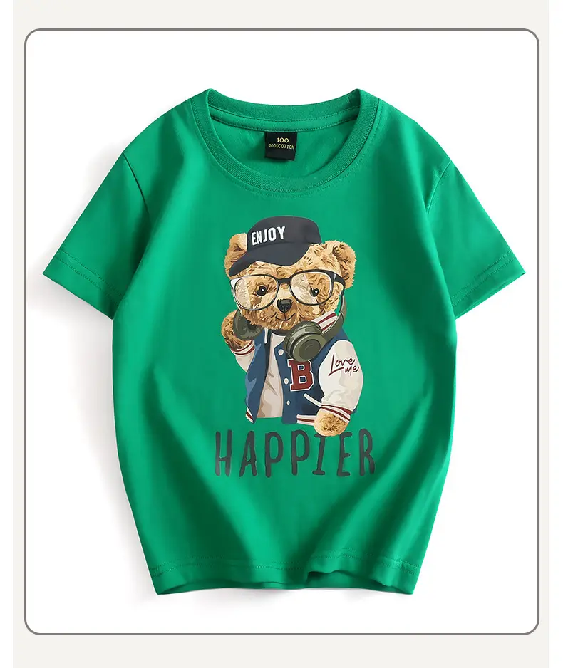 Kids Happy Bear T-Shirt Black Round Neck Short Sleeve