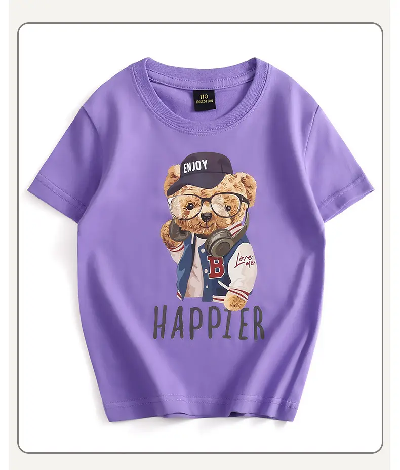 Kids Happy Bear T-Shirt Black Round Neck Short Sleeve