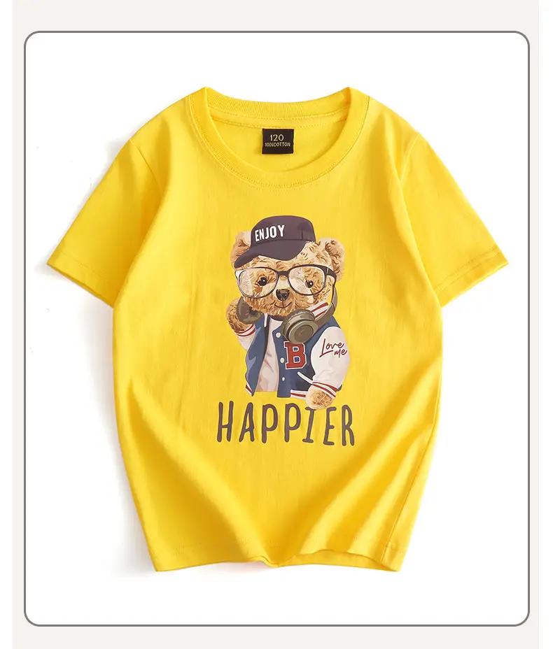 Kids Happy Bear T-Shirt Black Round Neck Short Sleeve