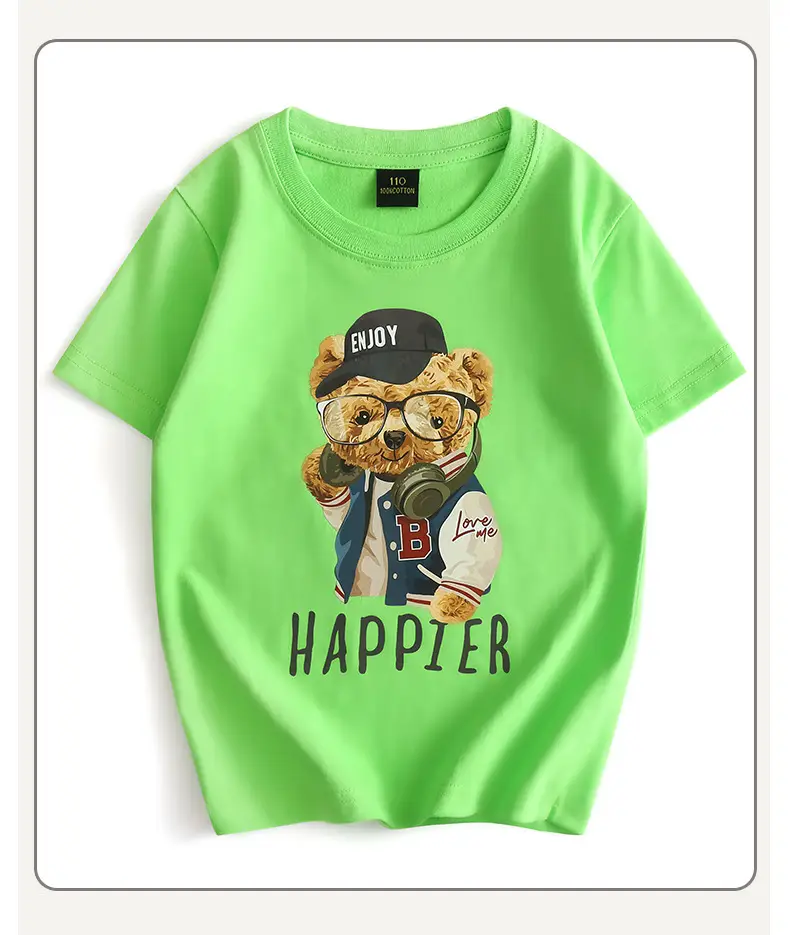 Kids Happy Bear T-Shirt Black Round Neck Short Sleeve