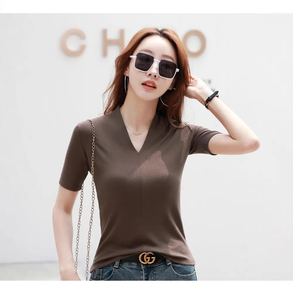 White V-Neck Slim Fit T-Shirt for Women