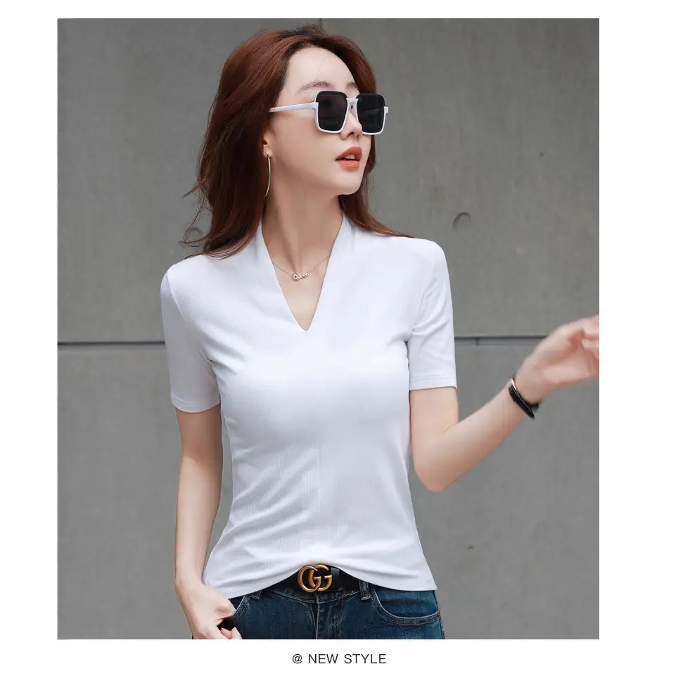 White V-Neck Slim Fit T-Shirt for Women