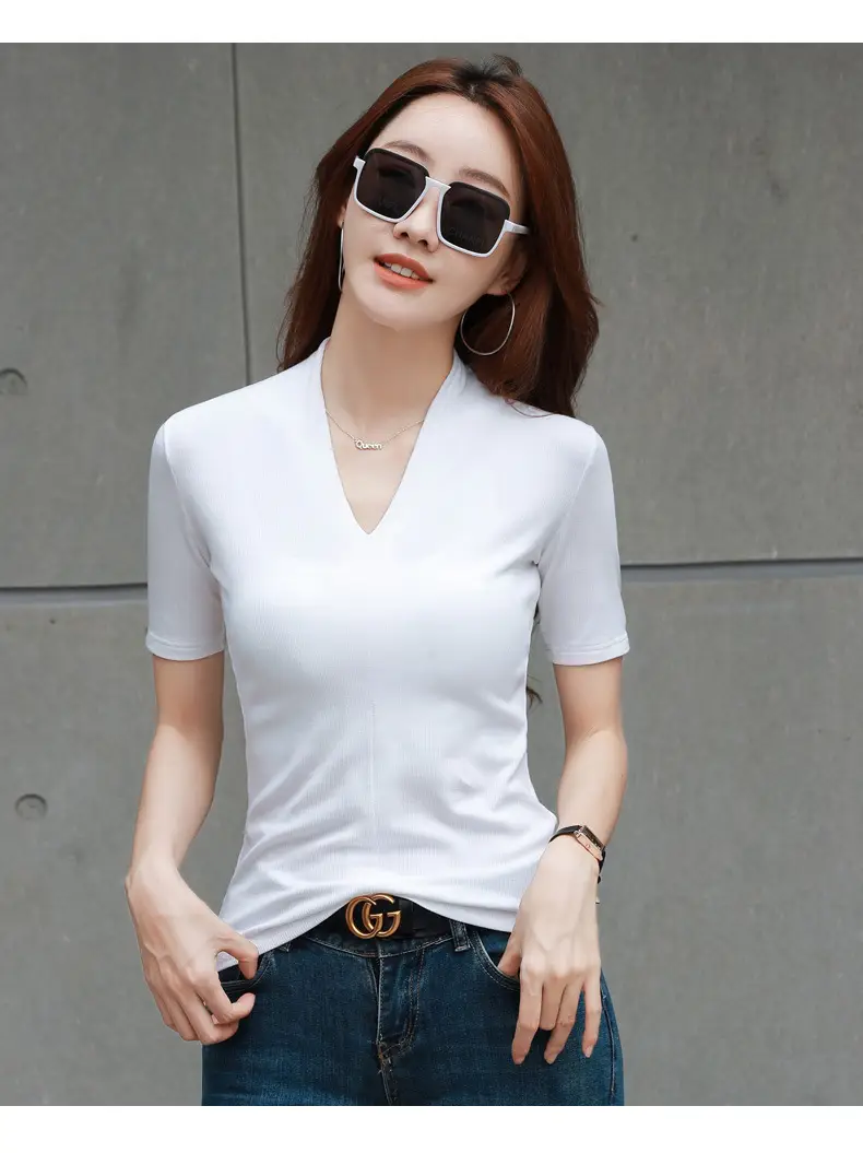 White V-Neck Slim Fit T-Shirt for Women — feature 13