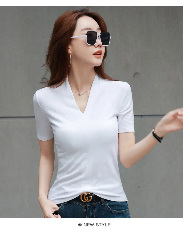 White V-Neck Slim Fit T-Shirt for Women — feature 14