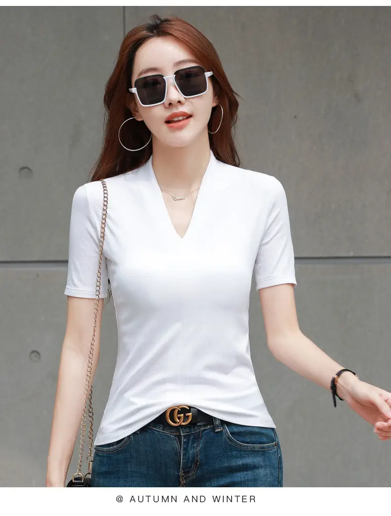 White V-Neck Slim Fit T-Shirt for Women — feature 15