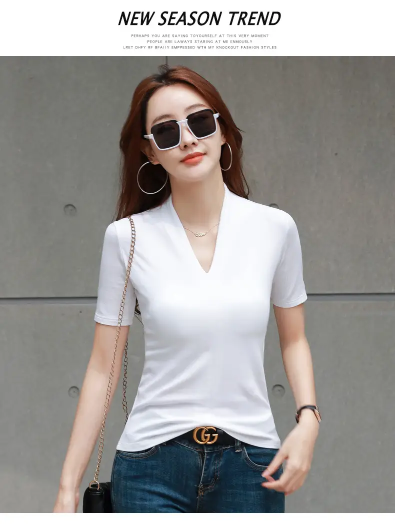 White V-Neck Slim Fit T-Shirt for Women — feature 16