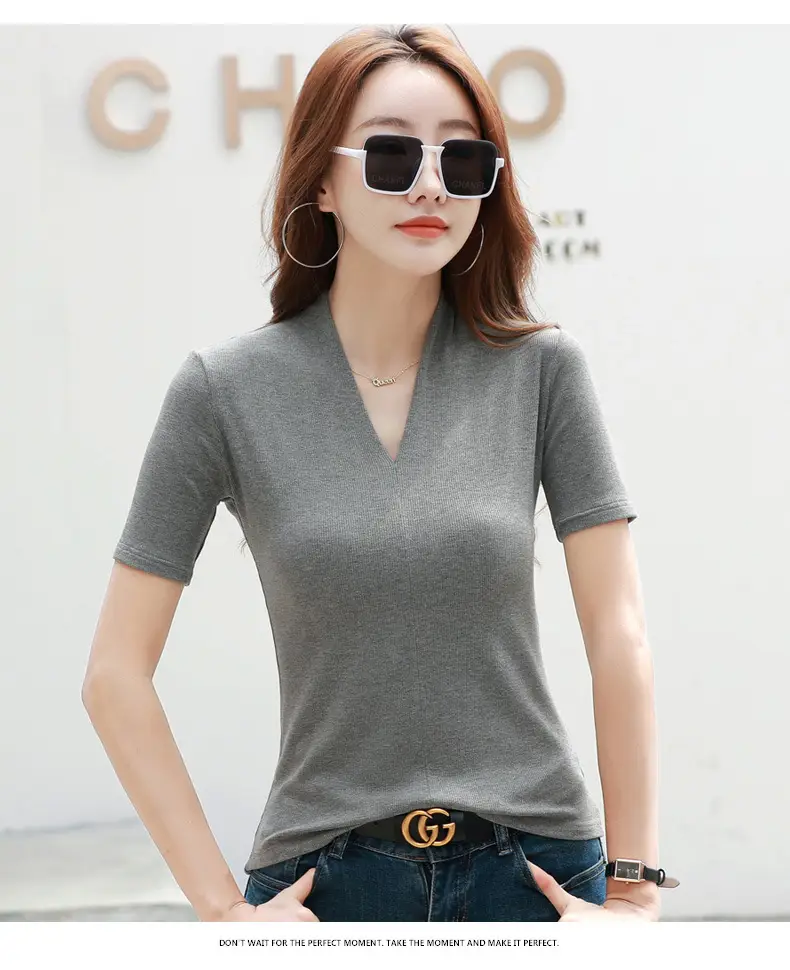 White V-Neck Slim Fit T-Shirt for Women — feature 17