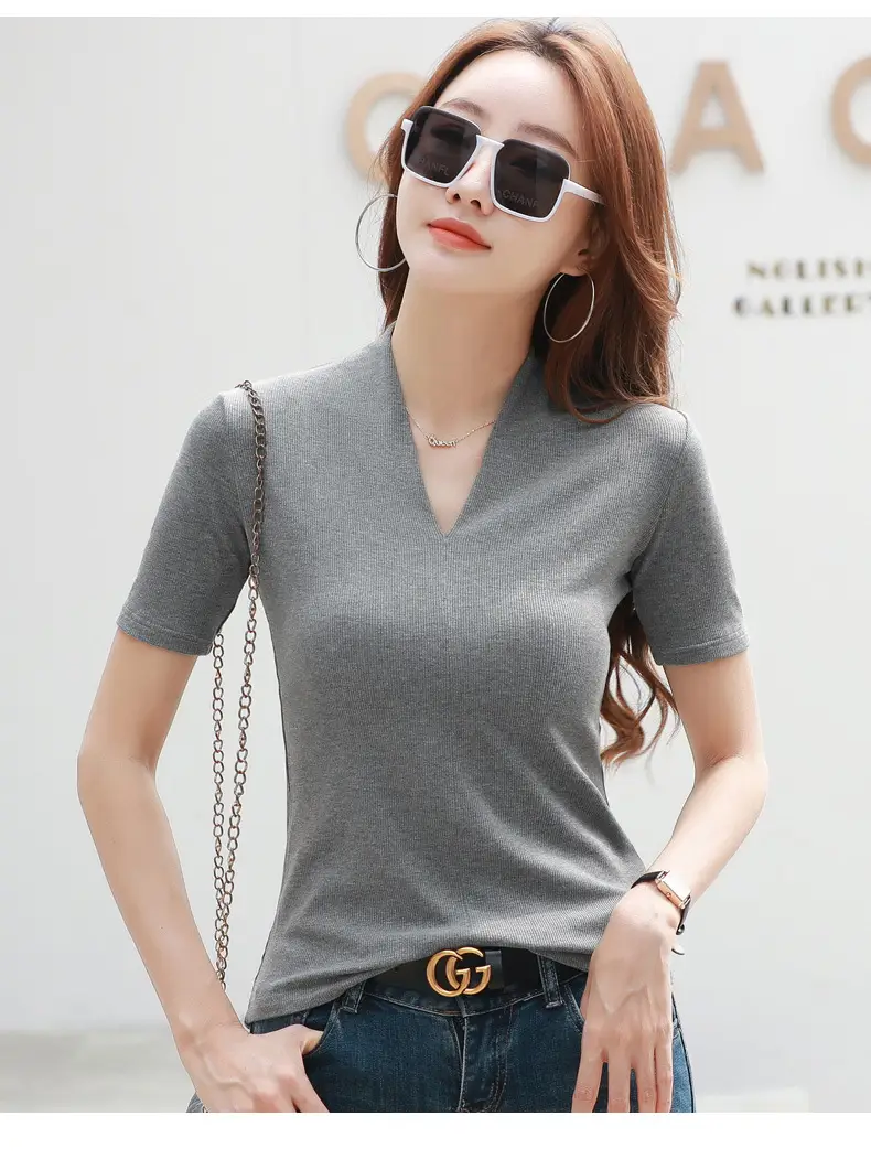 White V-Neck Slim Fit T-Shirt for Women — feature 18