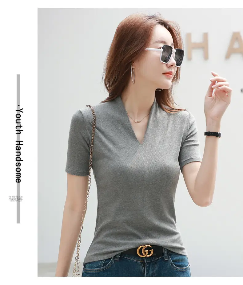 White V-Neck Slim Fit T-Shirt for Women — feature 19