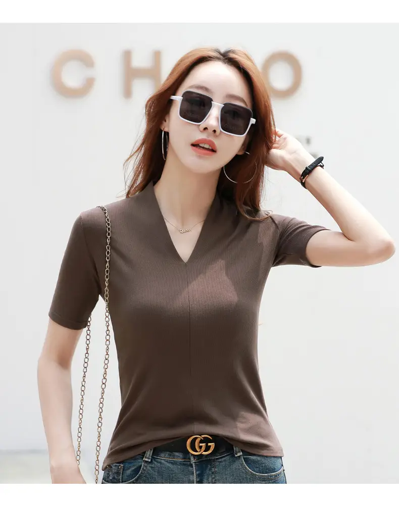 White V-Neck Slim Fit T-Shirt for Women — feature 21