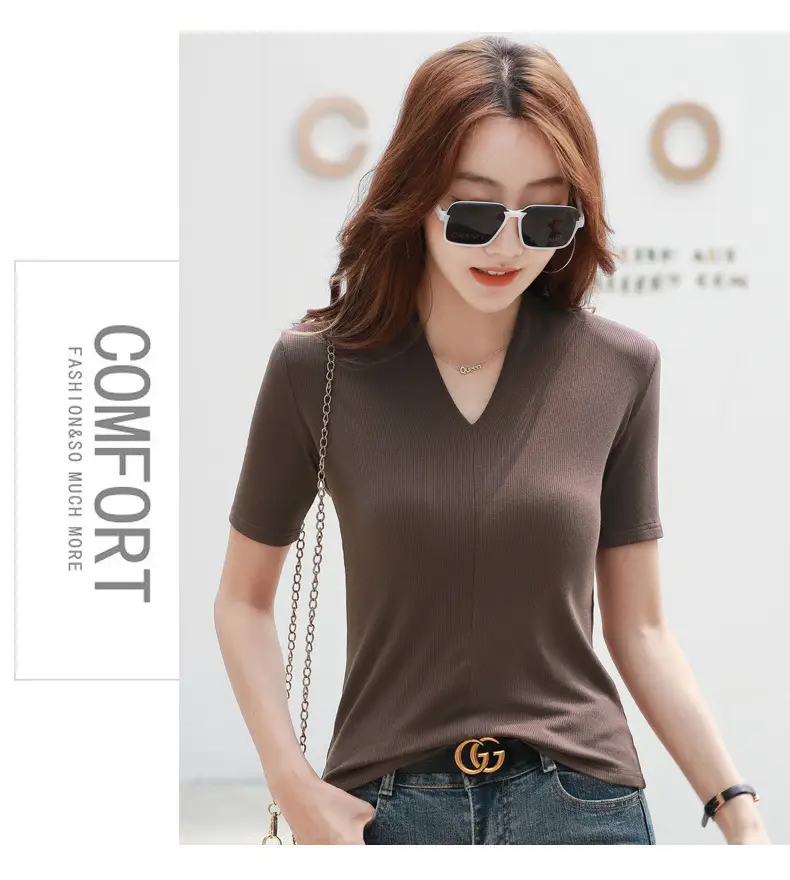 White V-Neck Slim Fit T-Shirt for Women — feature 22