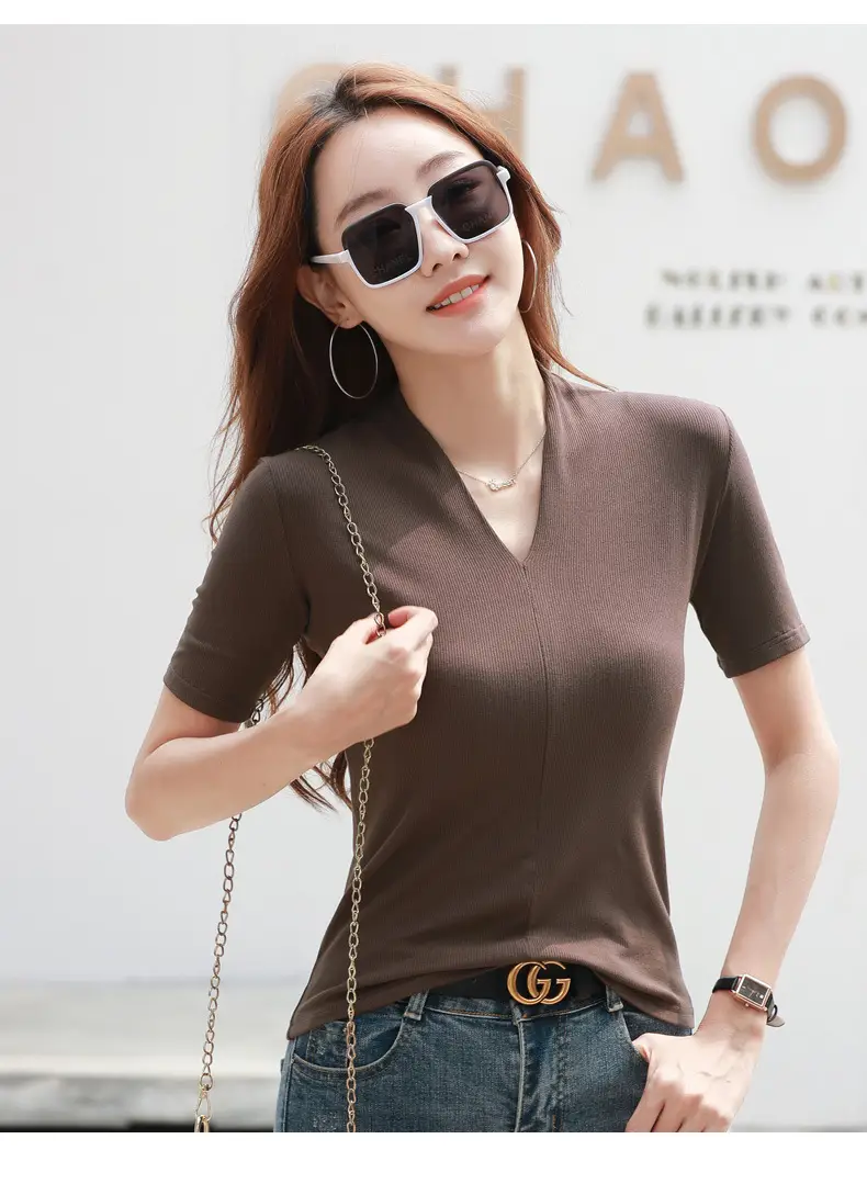 White V-Neck Slim Fit T-Shirt for Women — feature 24