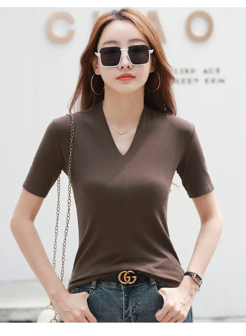 White V-Neck Slim Fit T-Shirt for Women — feature 26