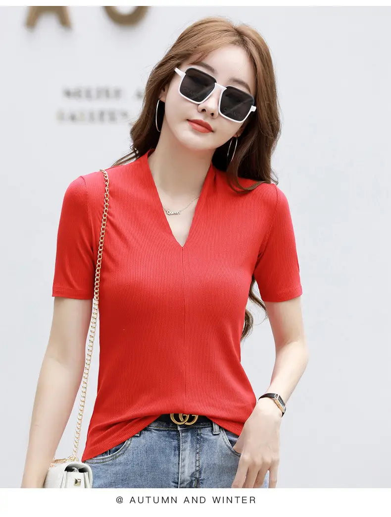 White V-Neck Slim Fit T-Shirt for Women — feature 28