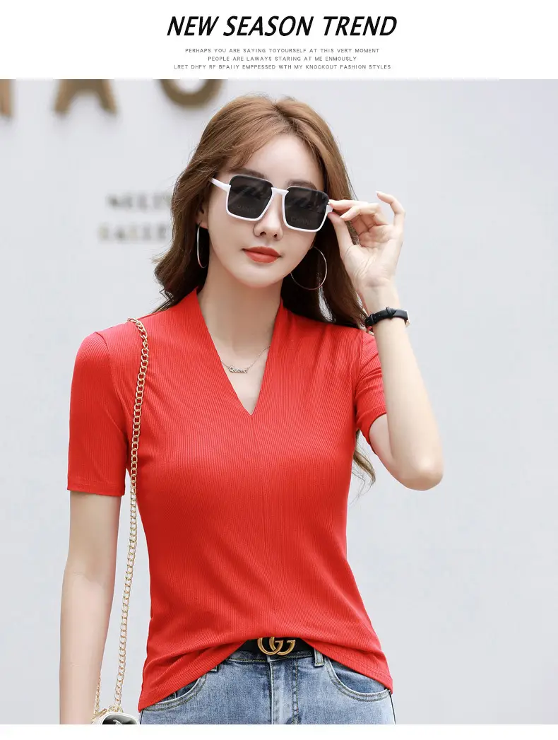 White V-Neck Slim Fit T-Shirt for Women — feature 29