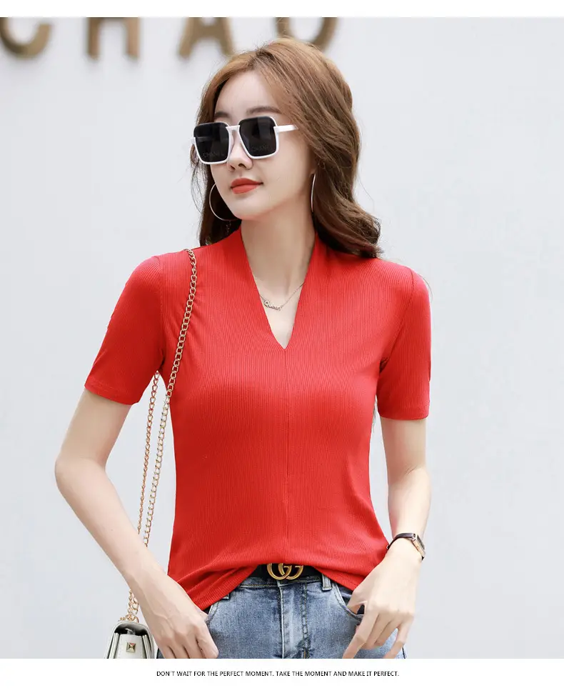 White V-Neck Slim Fit T-Shirt for Women — feature 31