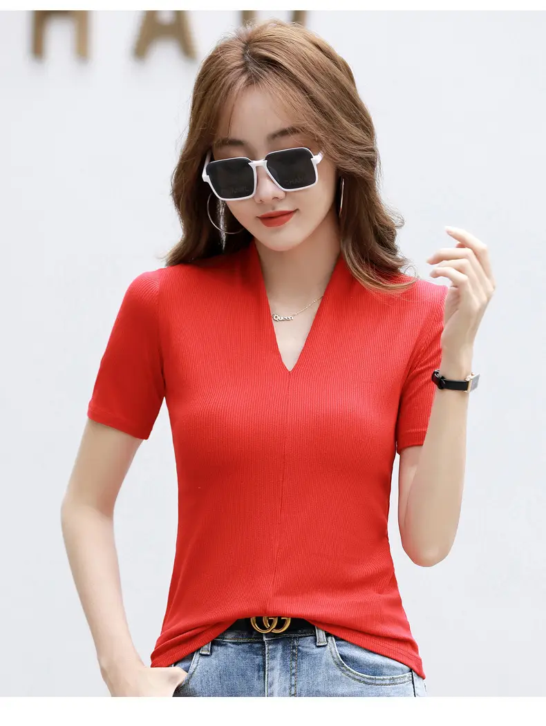 White V-Neck Slim Fit T-Shirt for Women — feature 32