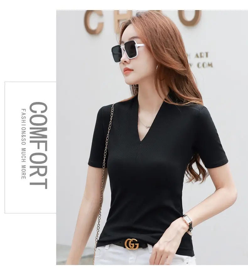 White V-Neck Slim Fit T-Shirt for Women — feature 7