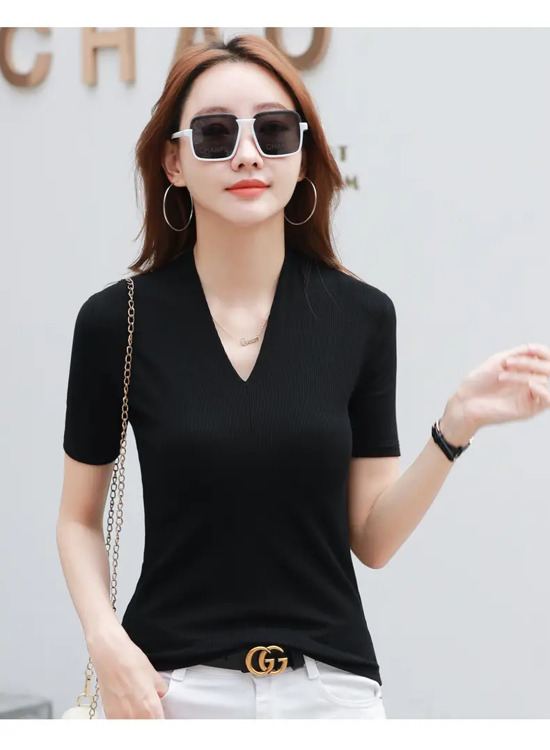 White V-Neck Slim Fit T-Shirt for Women — feature 8