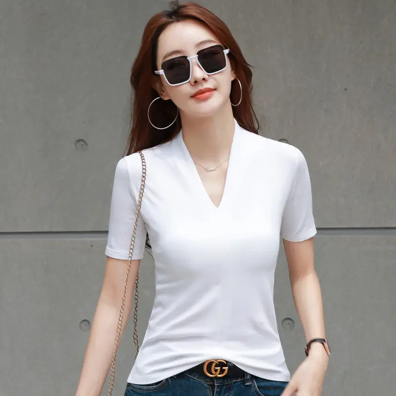 White V-Neck Slim Fit T-Shirt for Women