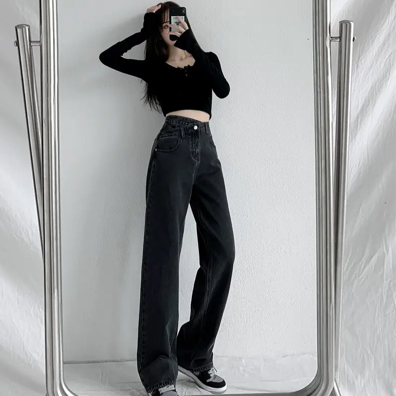 Women Black Wide Leg Jeans High Waist Loose Fit - Image 6