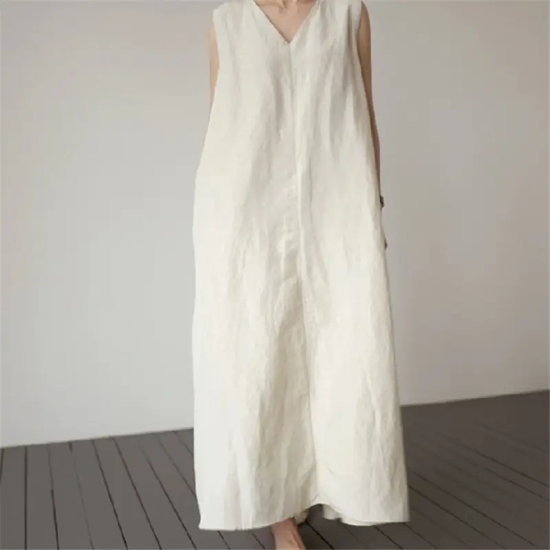 2022 Sleeveless V-Neck Linen Vest Dress Cream - Image 2