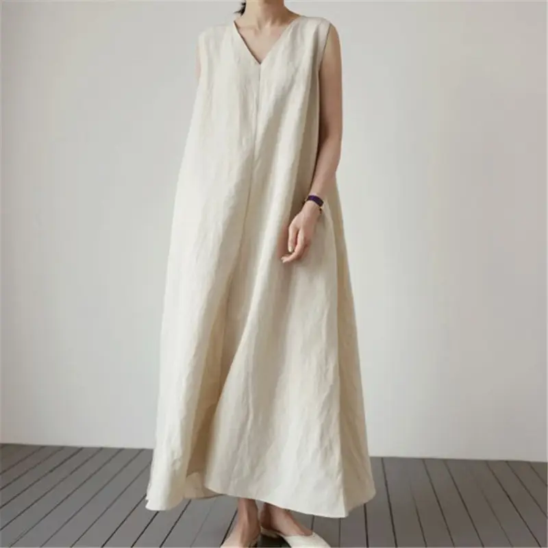 2022 Sleeveless V-Neck Linen Vest Dress Cream - Image 3