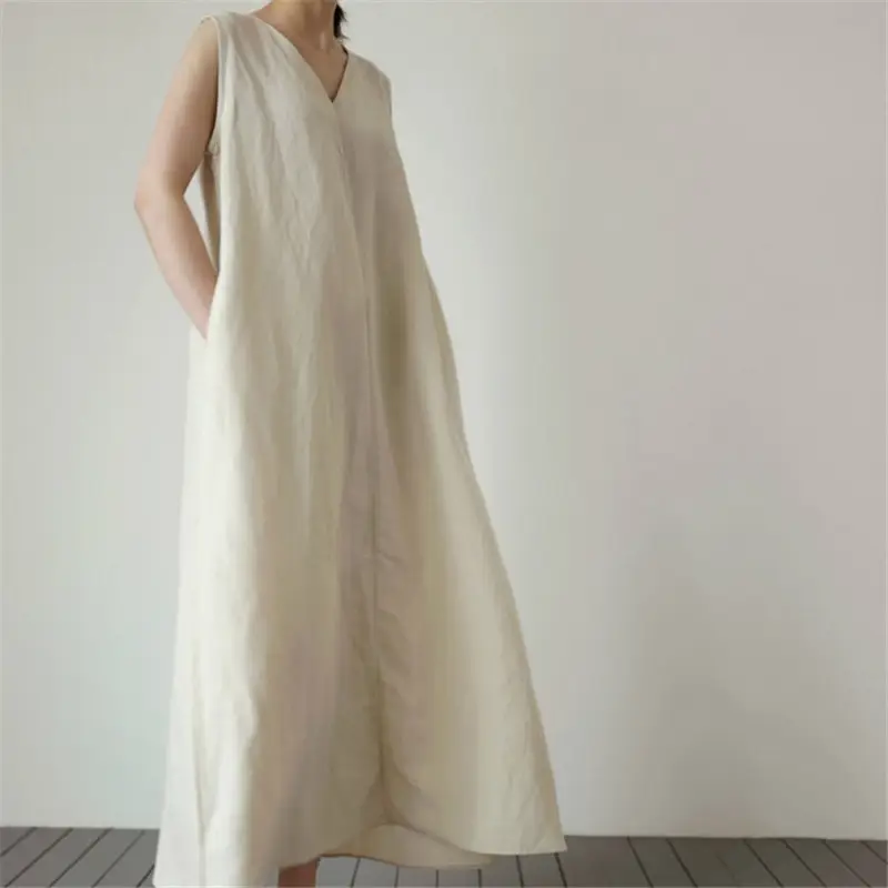 2022 Sleeveless V-Neck Linen Vest Dress Cream - Image 4