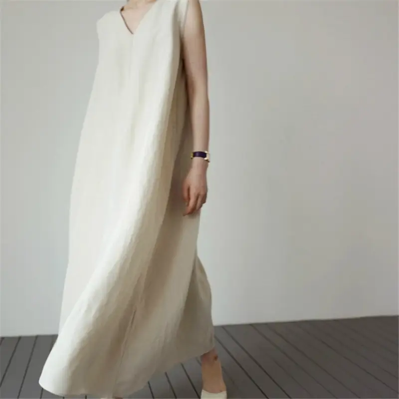 2022 Sleeveless V-Neck Linen Vest Dress Cream - Image 5